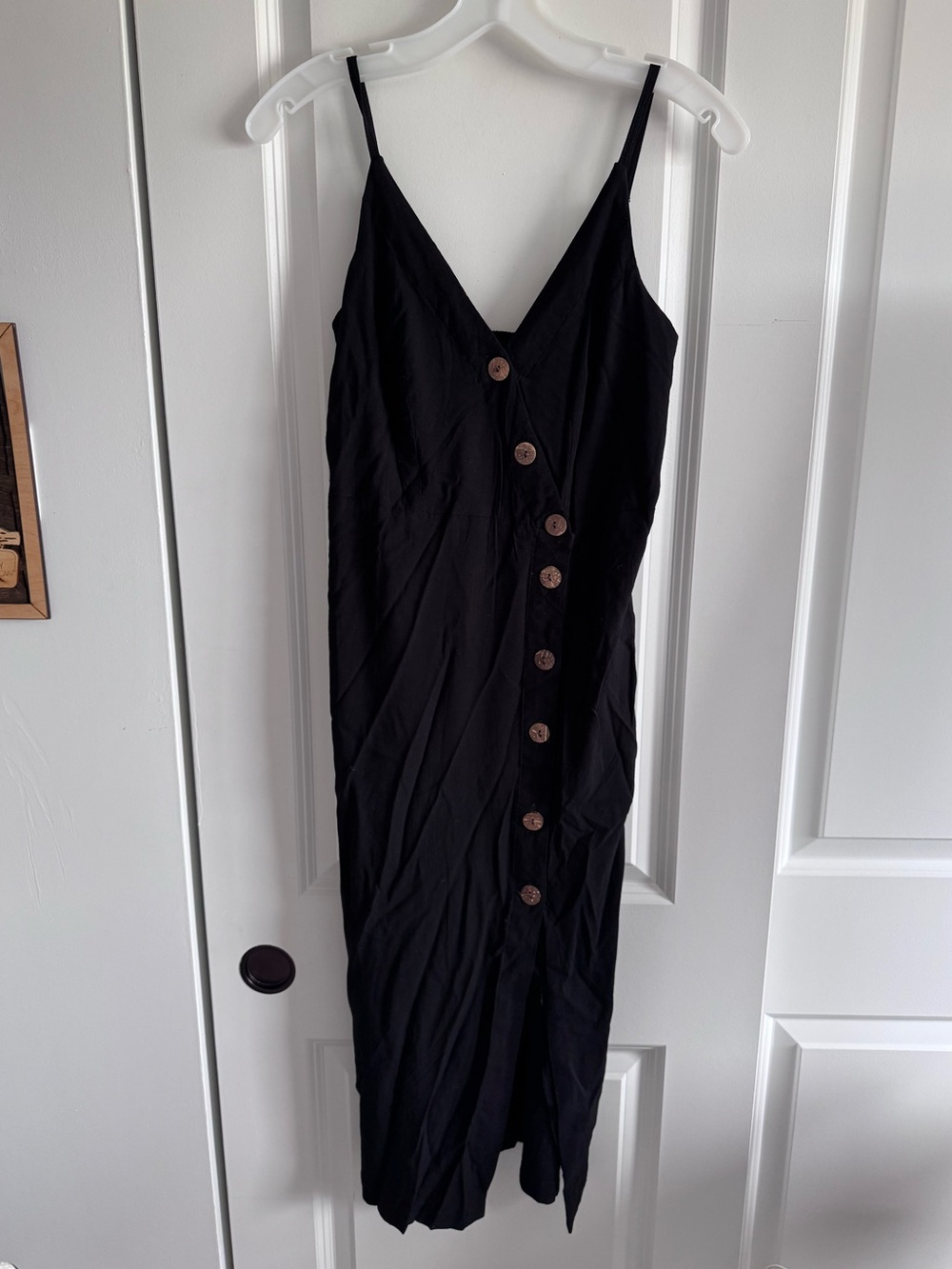 Sleek Black Midi Slip Dress with Button-Front Detail